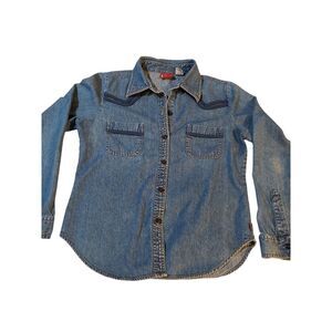 Levis Womens Button Up‎ Shirt Denim Blue M Long Sleeve Pockets Collared Top